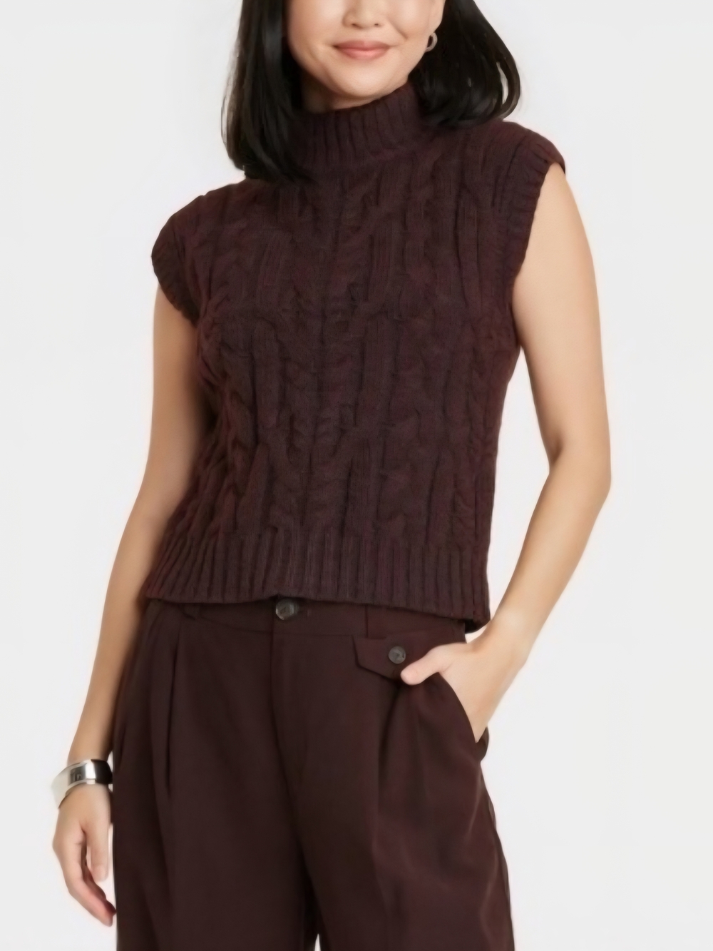 a new day Sleeveless Cable-Knit Turtleneck Vest - Dark Brown